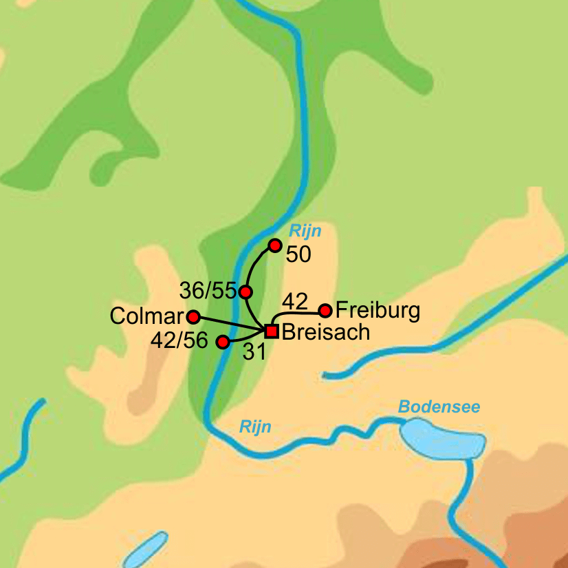 Fietskaart met overzicht fietsroutes fietsvakantie Rheinlandweg Elzas