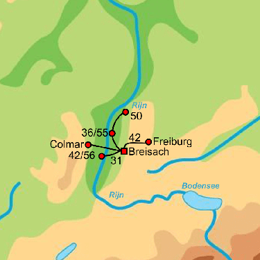 Fietskaart met overzicht fietsroutes fietsvakantie Rheinlandweg Elzas
