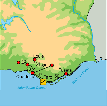 fietsvlieg algarve quarteira.png Fietskaart met overzicht fietsroutes fietsvliegvakantie Algarve Quarteira