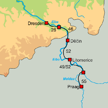 Fietskaart met overzicht fietsroutes fietsvakantie Praag-Dresden