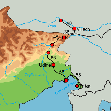 Fietskaart met overzicht fietsroutes fietsbusvakantie Alpe Adria