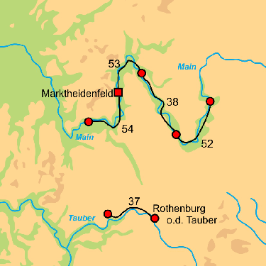 Fietskaart met overzicht fietsroutes fietsbusvakantie Main Tauber