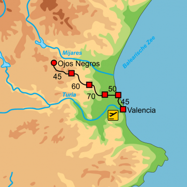 Fietskaart met overzicht fietsroutes fietsvliegvakantie Via Verde