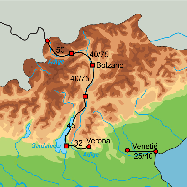 Fietskaart met overzicht fietsroutes fietsbusvakantie Tirol-Venetie