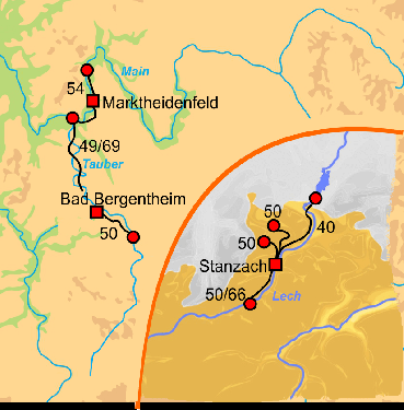 Fietskaart met overzicht fietsroutes fietsbusvakantie Lech-Tauber-Main