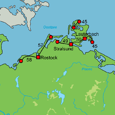 Fietskaart met overzicht fietsroutes fietsvliegvakantie Oostzeekust Rostock
