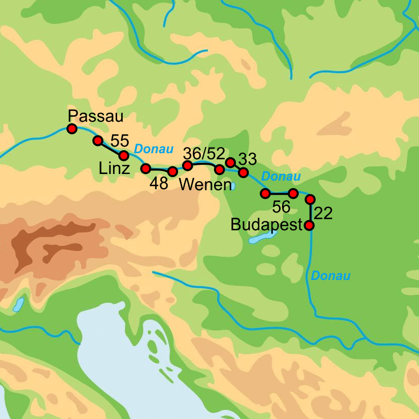 Fietskaart met overzicht fietsroutes fietscruisevakantie Donau Prima Donna Passau Budapest