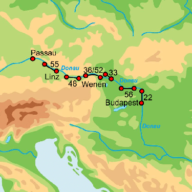 Fietskaart met overzicht fietsroutes fietscruisevakantie Donau Prima Donna Passau Budapest
