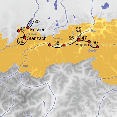 Fietskaart met overzicht fietsroutes fietsbusvakantie Dalen van Tirol