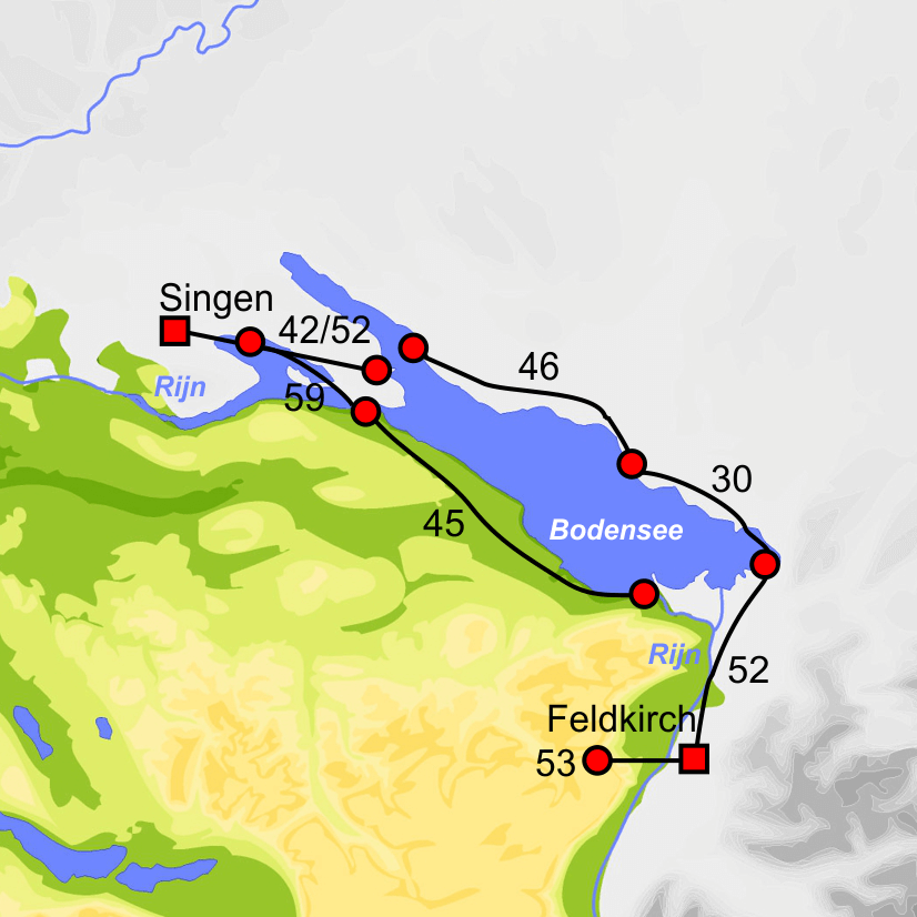 Fietskaart met overzicht fietsroutes fietsbusvakantie Bodensee