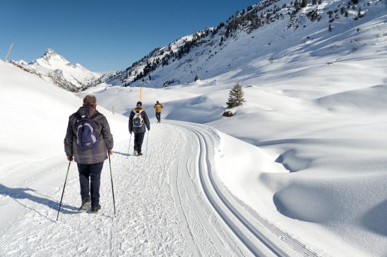 stanzach 6 wandelaars op rug gezien winter stanzach