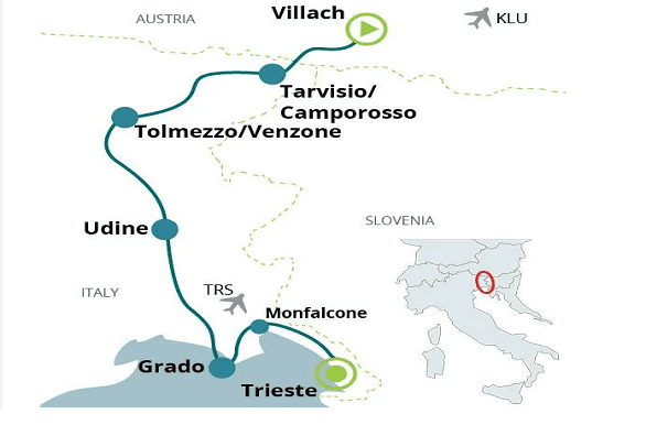 Kaartje individuele fietsroute Alpe Adria